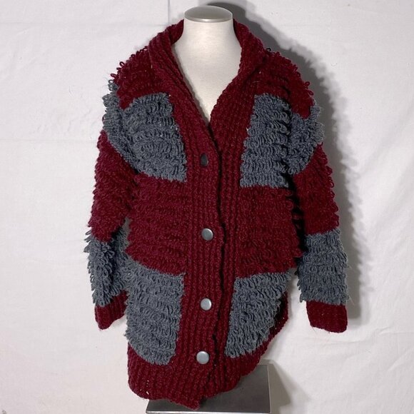 Hand Knit Burgundy Grey Striped Loopy Stitch Knit Button Up Cardigan XXL - Picture 1 of 12